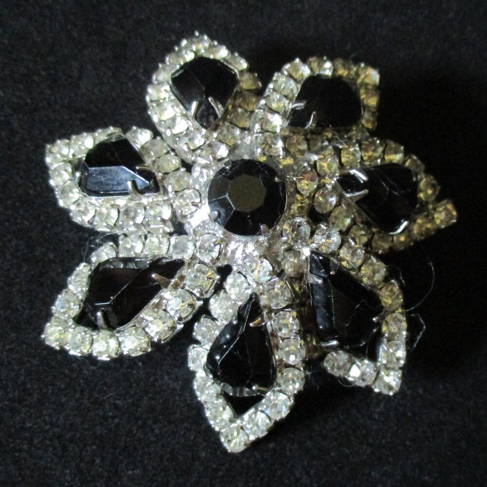 Vintage Cathe Stamped Clear & Black Rhinestone Starburst/Floral Pin/Brooch